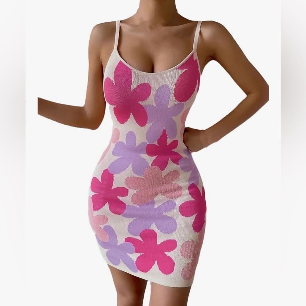 Barbiecore Hot Pink & Lavender Floral Knit Sleeveless Bodycon Dress Sz M Viscose